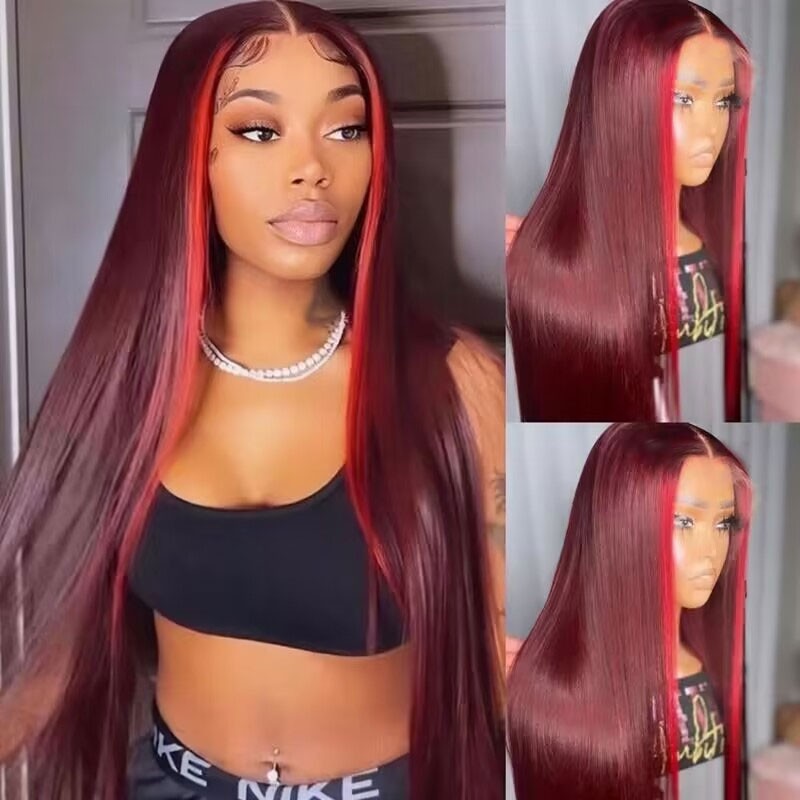 Burgundy 99J & Red Streaks 13*4 Lace Front Wig Straight Human Hair Wigs Pre  Plucked Natural Hairline. New Arrival Pre-colored  Lace