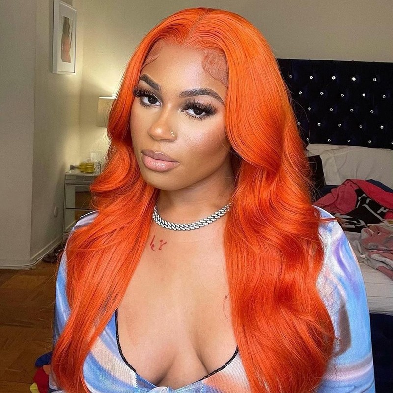 Bright Pumpkin Orange Wigs 13*4 Lace Front Wig Straight Human Hair Wigs Pre  Plucked Natural Hairline