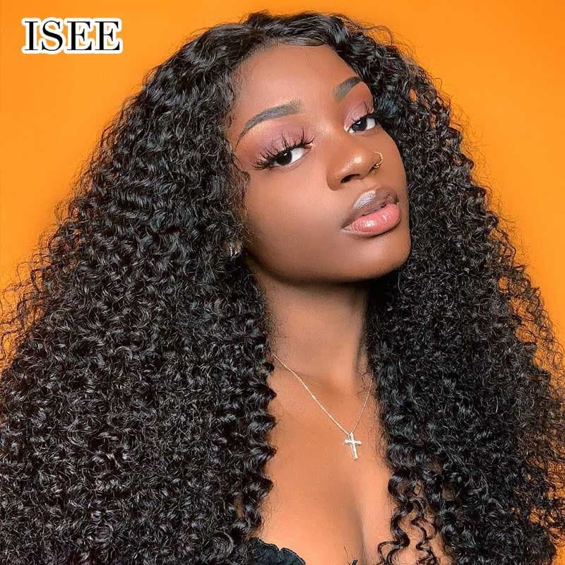ISEE HAIR Kinky Curly Lace Front Wig,Pre Plucked Natural Hair Liner with  Baby Hair, 100% Human Virgin Hair Wigs