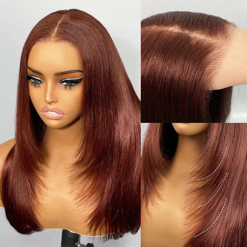 Brown Color Layered Cut Straight Glueless Lace Wig