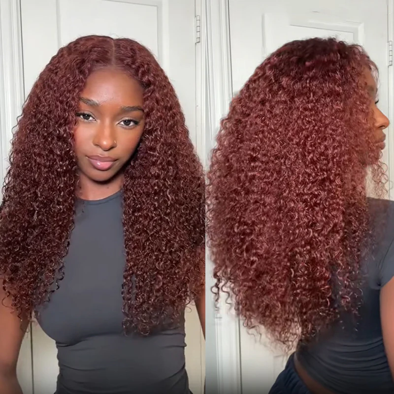 ISEE Kinky Curly Reddish Brown Glueless Wig Pre Cut Lace Wear Go Wig
