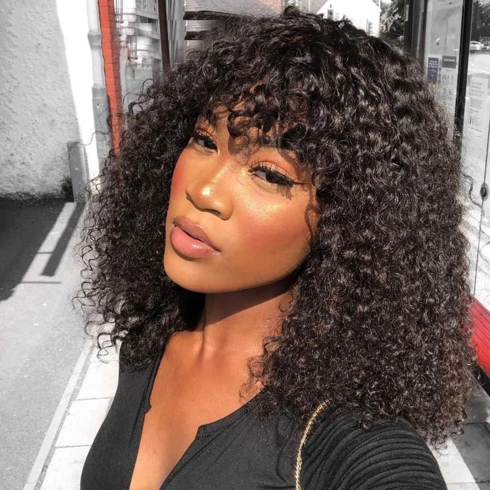 Bob Weave Wig with Bangs Short Kinky Curly Human Hair Fringe Wig Glueless