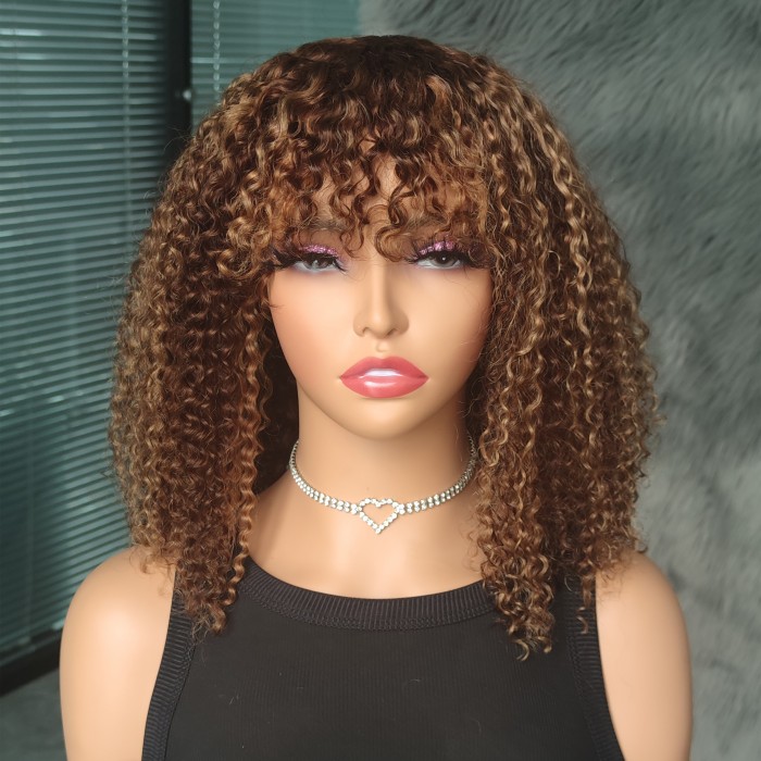 Human Hair WigsHighlight Kinky Curly Short Bob Bangs Wig