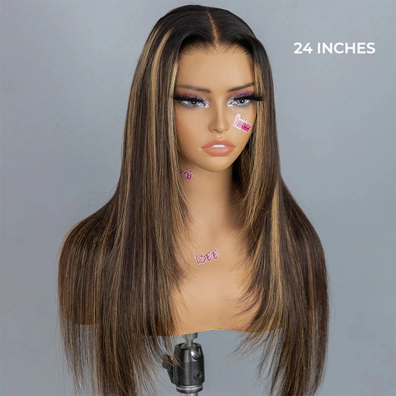 Subscribers Only Flash Sale Layered Cut Brown Balayage Highlight Straight Wear Go Pre Cut Lace Closure Wig Glueless Wig 180% Density