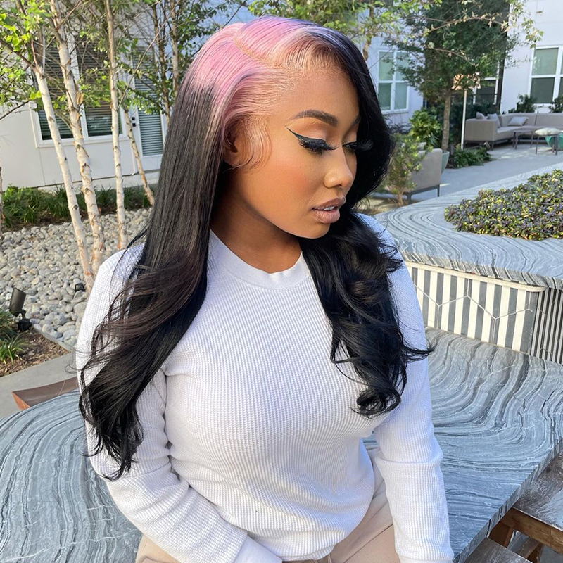 Sparkle Hot Pink Roots Black Color Wig 13*4 Lace Front Wig