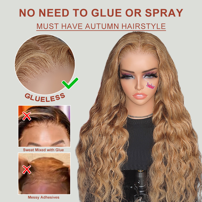 Ready To Wear Wigs Body Wave Honey Blonde #27 Color Wigs Pre-Cut Glueless Lace Wig