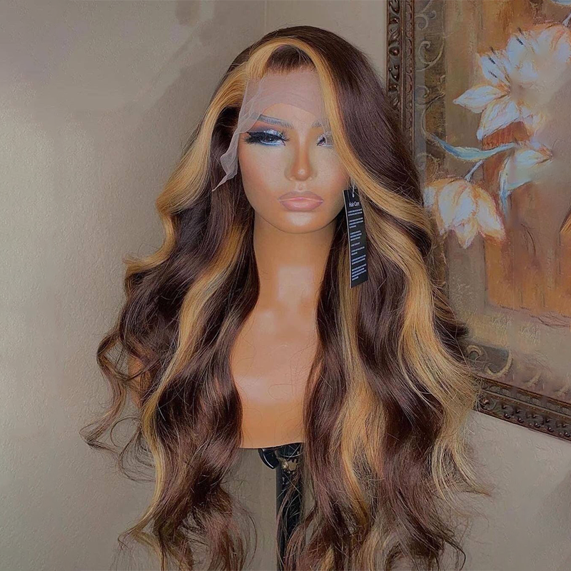 Chocolate Brown Human Hair Wigs Skunk Stripe Lace Wig