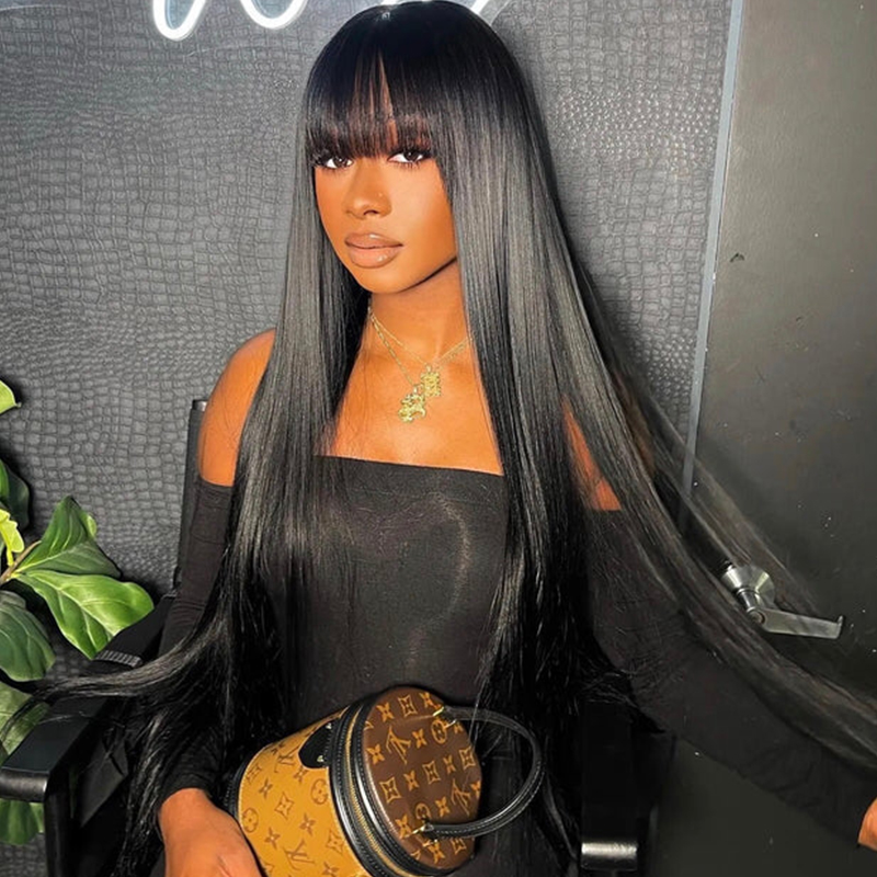 Straight Glueless Wig With Bangs Machine Made Sew In Wig Human Hair | ISEE HAIR