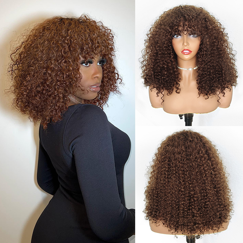 Human Hair Wigs Honey Blonde Curly Wig With Bangs