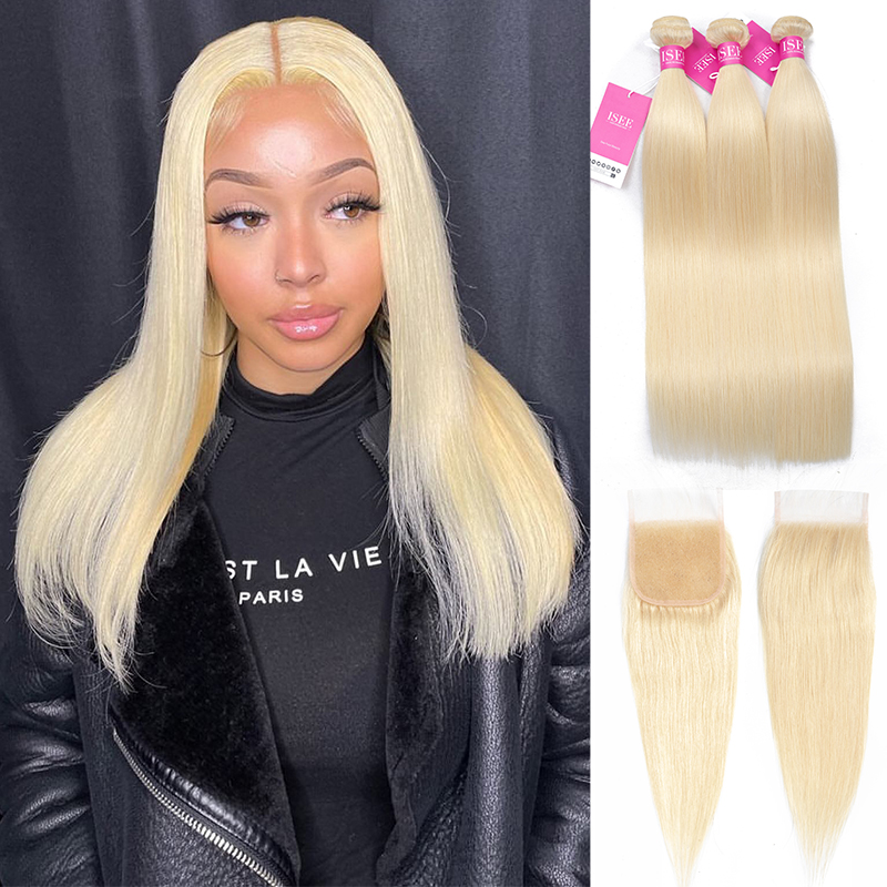 613 Blonde Human Virgin Hair Straight Closure with 3 or 4 Bundles Deal