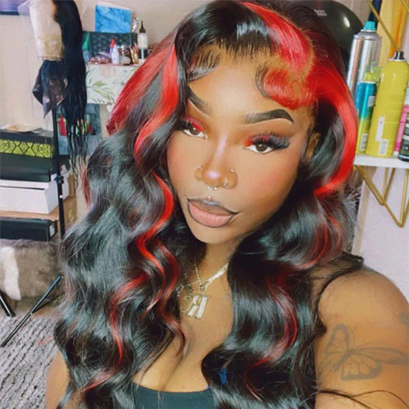 Cherry Red/ Blue Skunk Stripe Straight Hair 13*4 Transparent Lace Front Human Hair Wigs