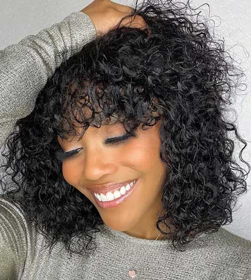 Messy Curly Bob With Bangs quick hairstyle for black women