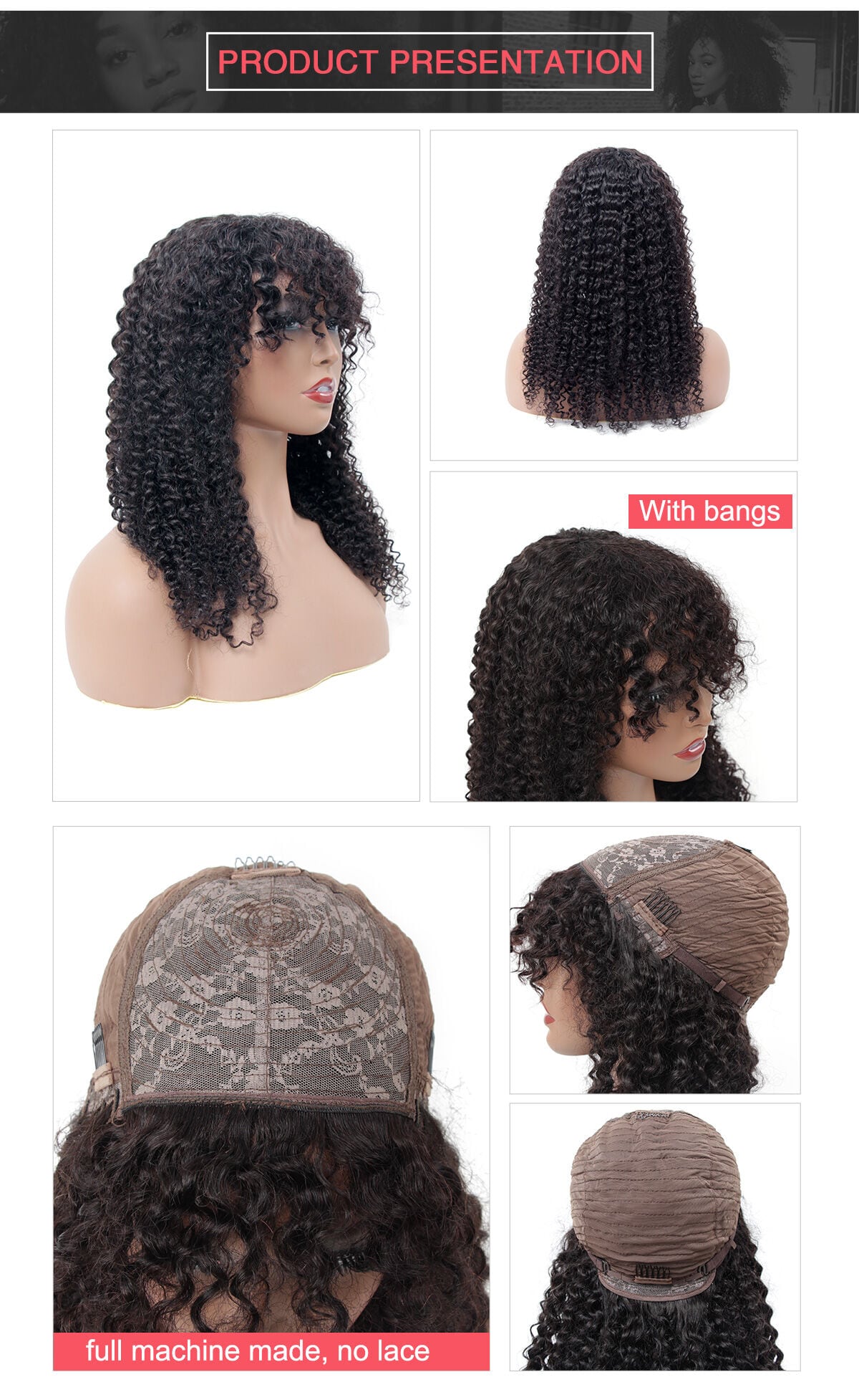 ISEEHAIR Machine Made Wig Kinky Curly Sew In Wig Human Hair Wigs with Bangs